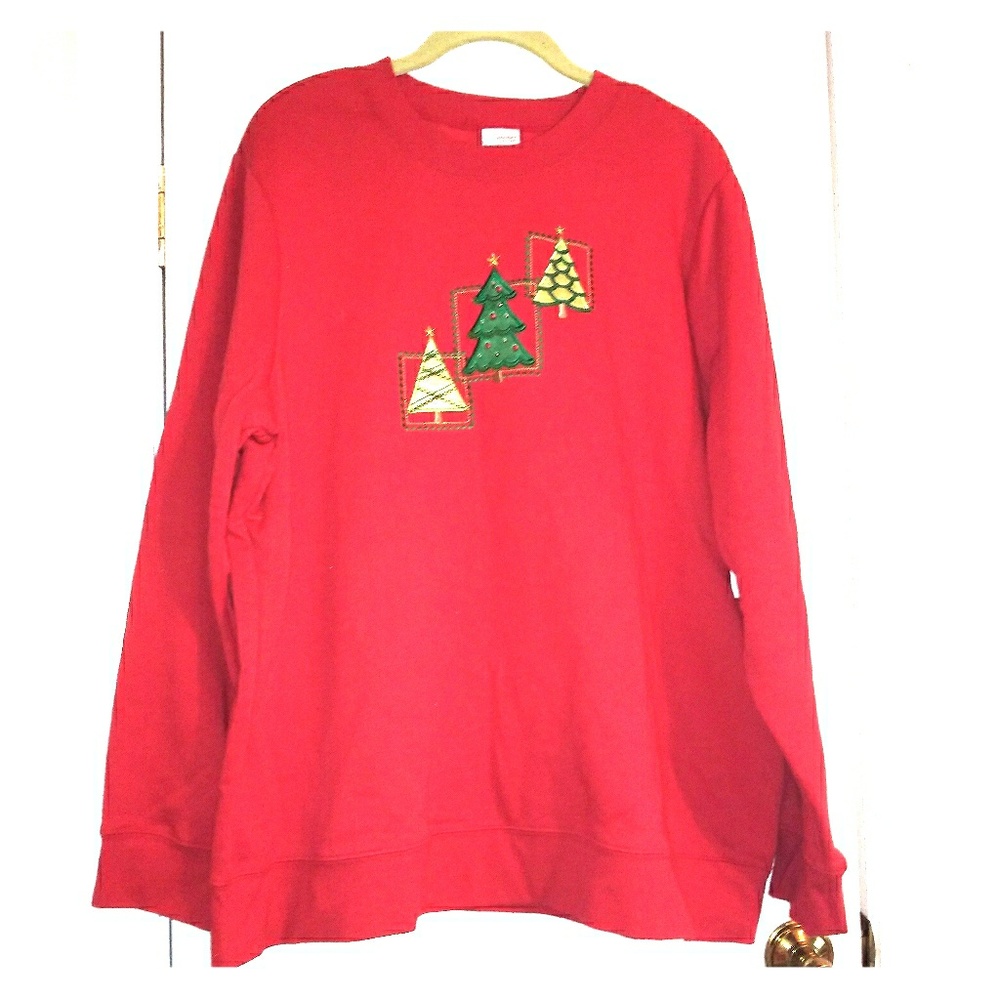 NEW Red Christmas Tree EMBROIDERED Holiday Sweatshirt Top Shirt Lady's 1X PLUS